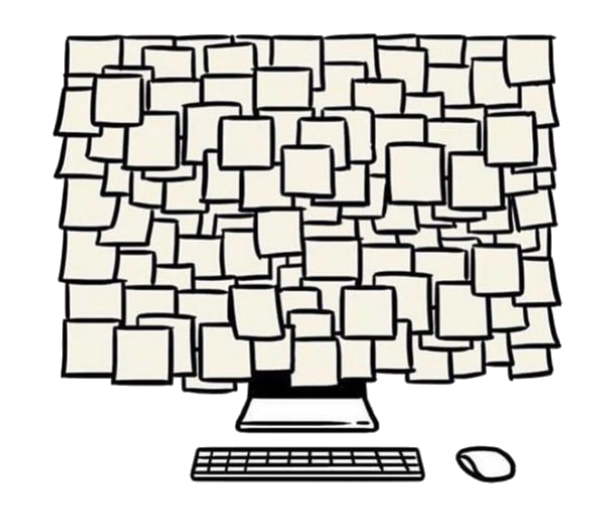 Ilustración de un monitor cubierto de post-its